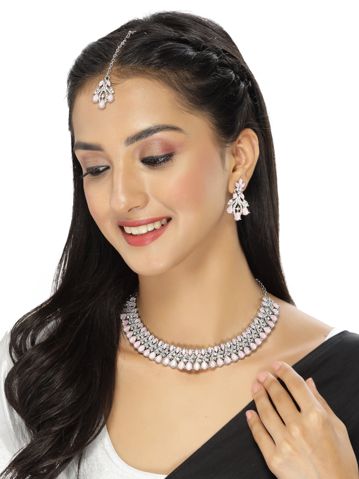 Sukkhi Exquisite Rhodium Plated Pink AD White Stone Collar Bone Necklace Set With Earring And Maangtika | Jewellery Set For Women (NS105621)