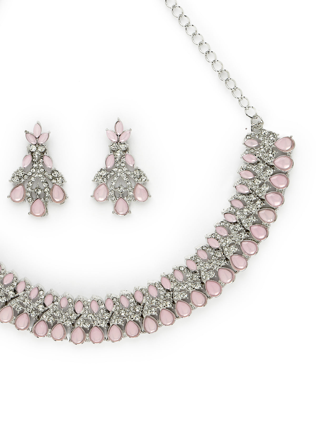 Sukkhi Exquisite Rhodium Plated Pink AD White Stone Collar Bone Necklace Set With Earring And Maangtika | Jewellery Set For Women (NS105621)