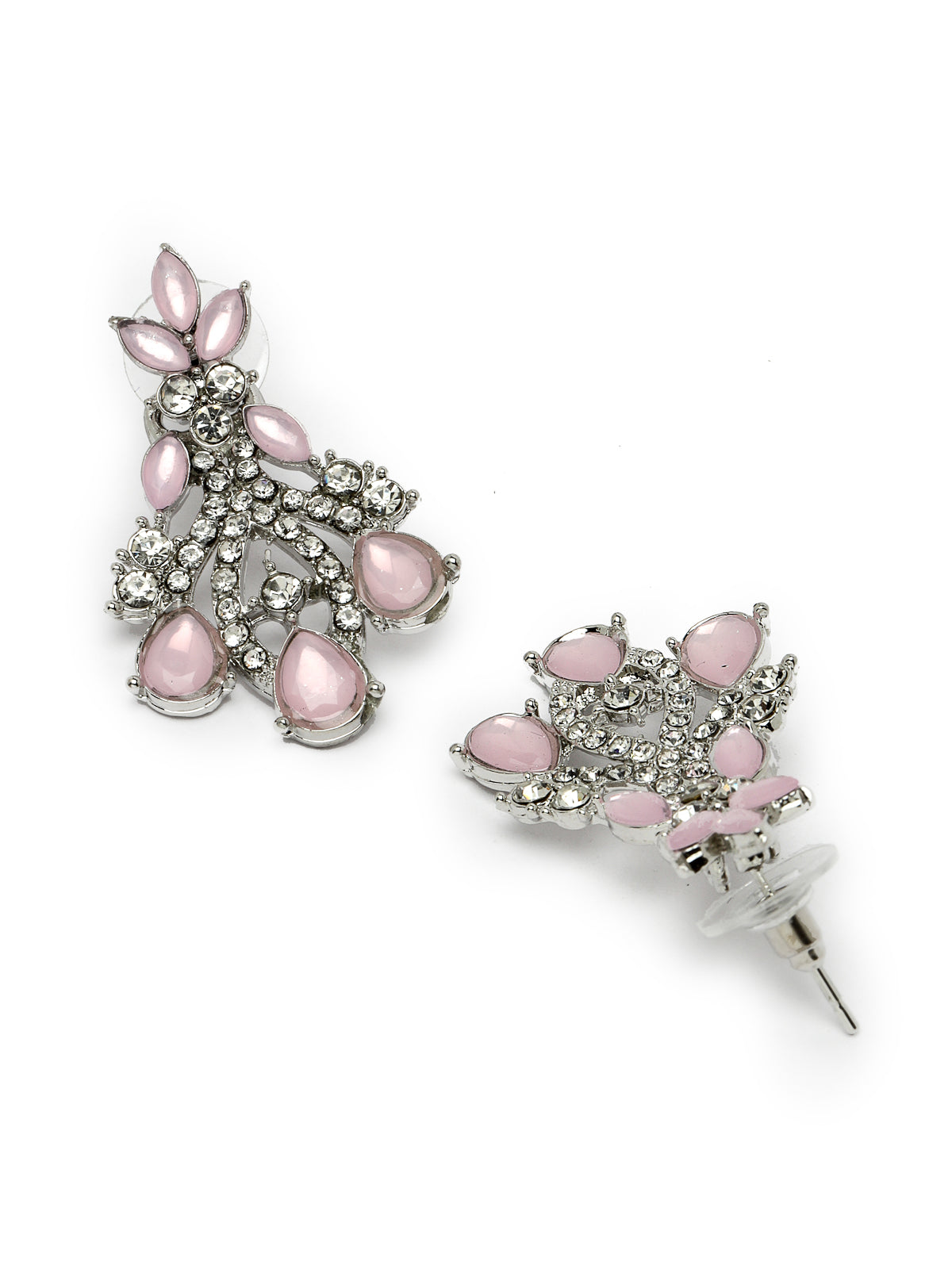 Sukkhi Exquisite Rhodium Plated Pink AD White Stone Collar Bone Necklace Set With Earring And Maangtika | Jewellery Set For Women (NS105621)