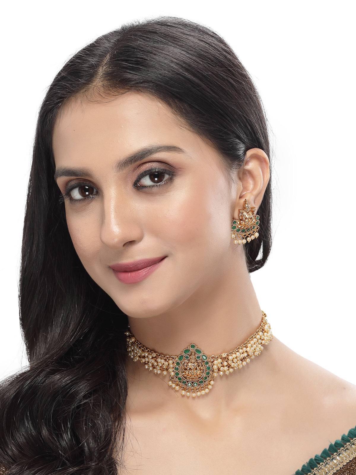 Sukkhi Sparkling Indian Temple Gold Plated Green Beads Choker Necklace Set With Studs Earring | Jewellery Set For Women (NS105622)