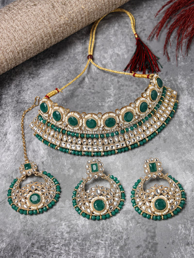 Sukkhi Fashion-Forward Gold Plated Green Kundan & Beads Choker Necklace Set With Earring And Maangtika | Jewellery Set For Women (NS105626)