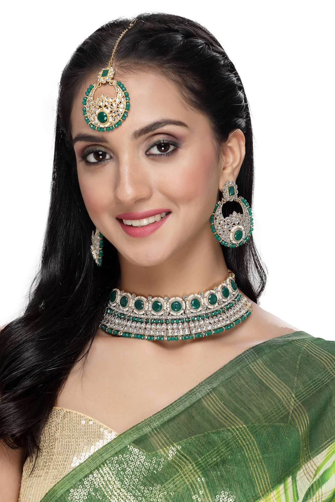 Sukkhi Fashion-Forward Gold Plated Green Kundan & Beads Choker Necklace Set With Earring And Maangtika | Jewellery Set For Women (NS105626)