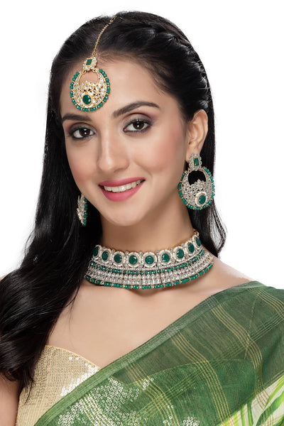 Sukkhi Fashion-Forward Gold Plated Green Kundan & Beads Choker Necklace Set With Earring And Maangtika | Jewellery Set For Women (NS105626)