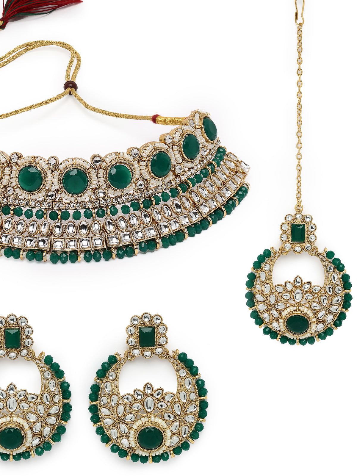 Sukkhi Fashion-Forward Gold Plated Green Kundan & Beads Choker Necklace Set With Earring And Maangtika | Jewellery Set For Women (NS105626)