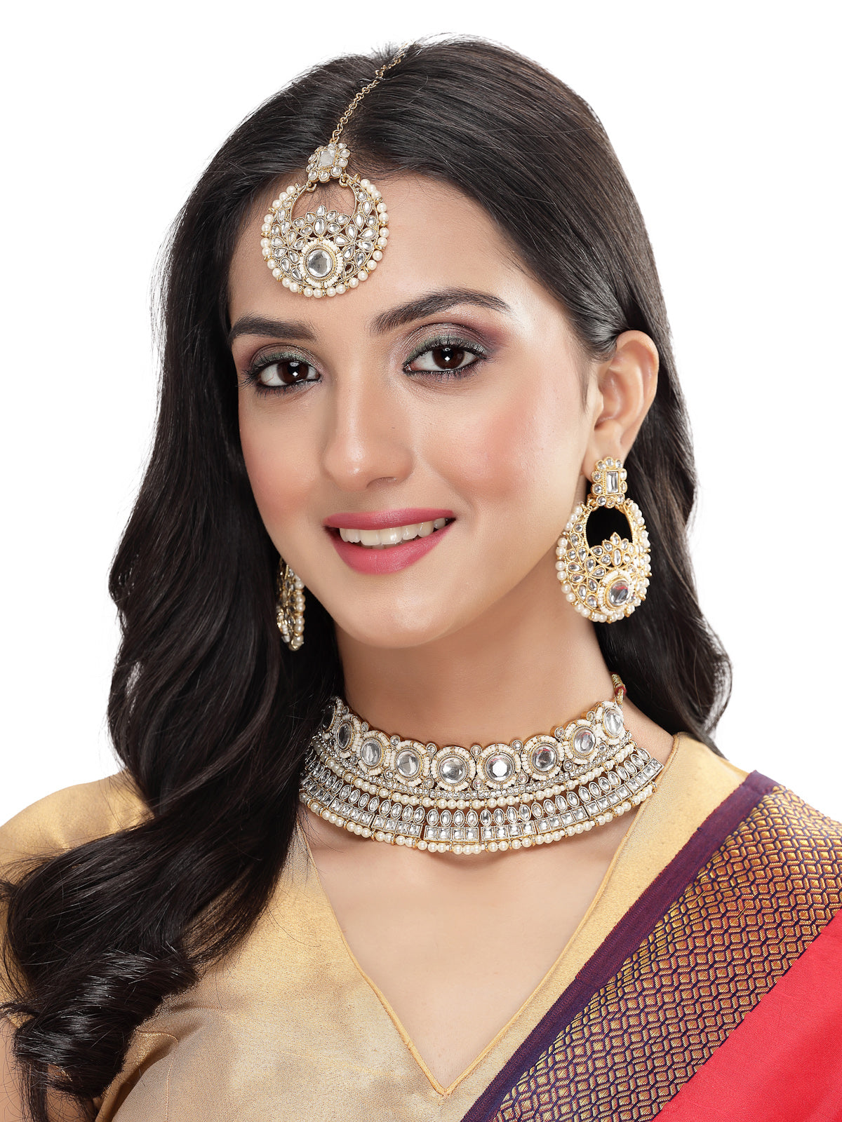 Sukkhi Fashion-Forward Gold Plated White Kundan & Beads Choker Necklace Set With Earring And Maangtika | Jewellery Set For Women (NS105627)