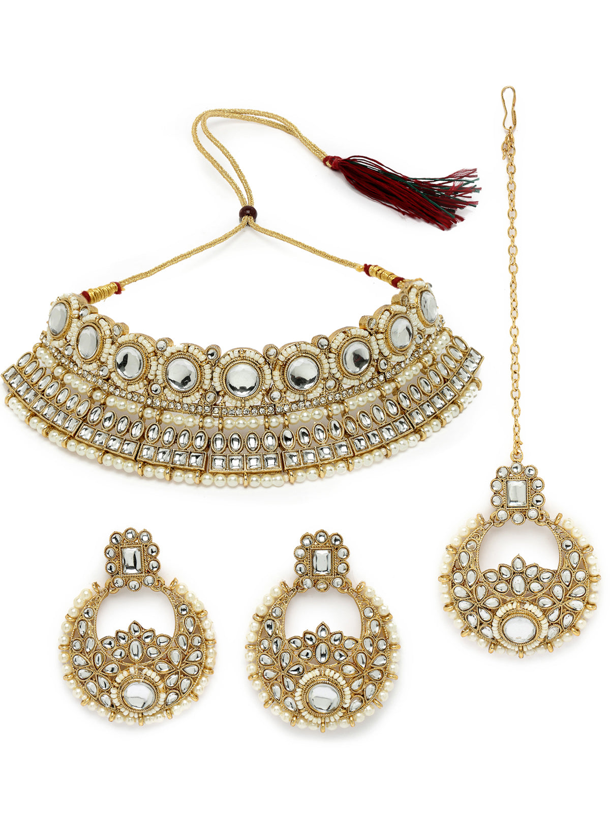 Sukkhi Fashion-Forward Gold Plated White Kundan & Beads Choker Necklace Set With Earring And Maangtika | Jewellery Set For Women (NS105627)