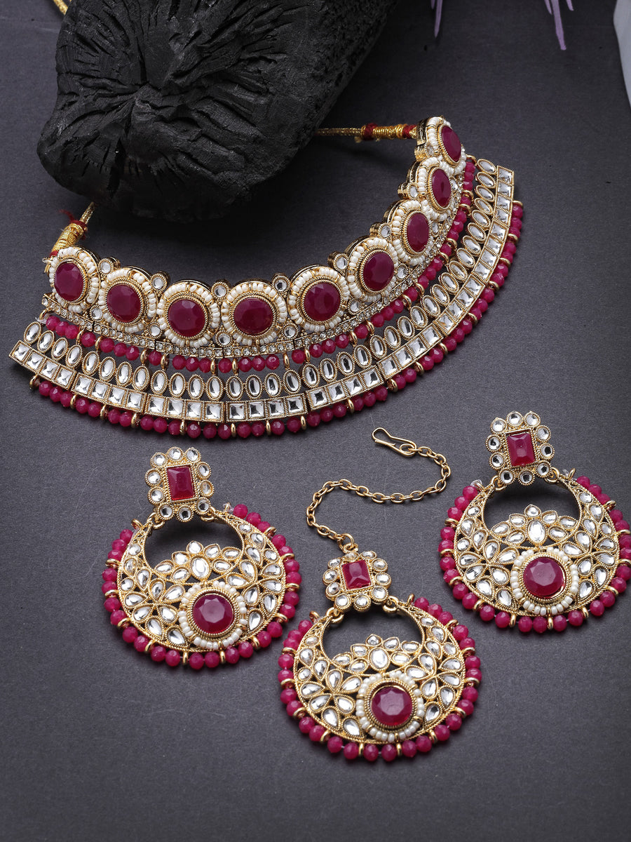 Sukkhi Fashion-Forward Gold Plated Rani Pink Kundan & Beads Choker Necklace Set With Earring And Maangtika | Jewellery Set For Women (NS105628)
