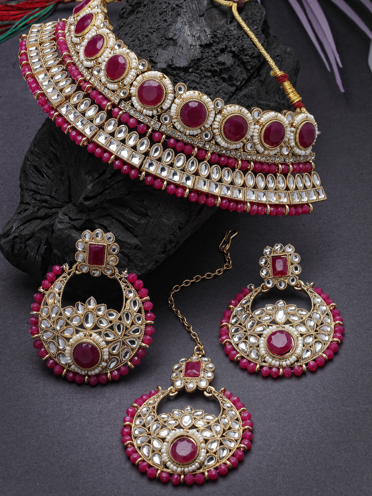 Sukkhi Fashion-Forward Gold Plated Rani Pink Kundan & Beads Choker Necklace Set With Earring And Maangtika | Jewellery Set For Women (NS105628)
