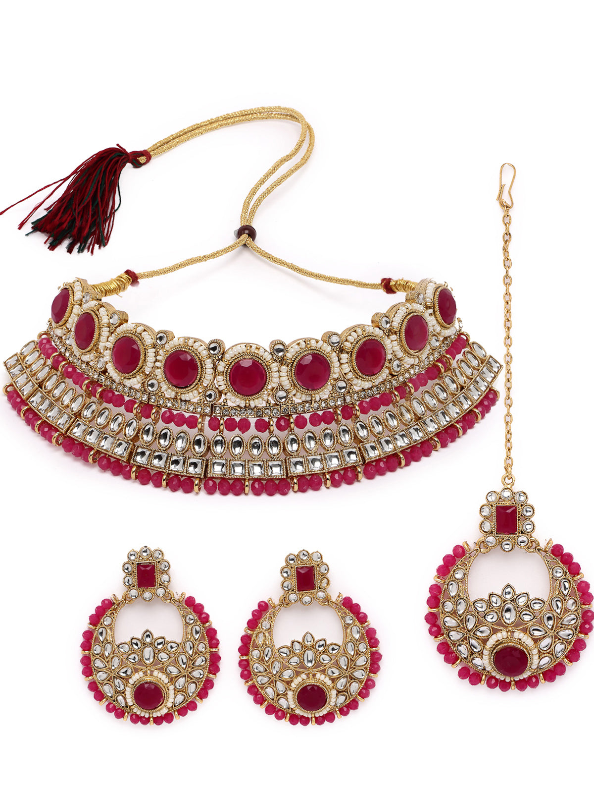 Sukkhi Fashion-Forward Gold Plated Rani Pink Kundan & Beads Choker Necklace Set With Earring And Maangtika | Jewellery Set For Women (NS105628)