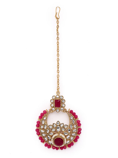 Sukkhi Fashion-Forward Gold Plated Rani Pink Kundan & Beads Choker Necklace Set With Earring And Maangtika | Jewellery Set For Women (NS105628)