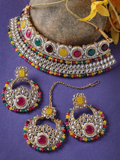 Sukkhi Fashion-Forward Gold Plated Multi Kundan & Beads Choker Necklace Set With Earring And Maangtika | Jewellery Set For Women (NS105629)