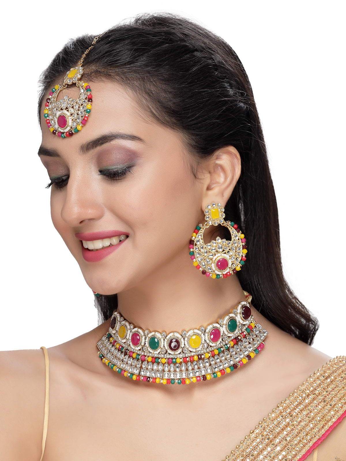 Sukkhi Fashion-Forward Gold Plated Multi Kundan & Beads Choker Necklace Set With Earring And Maangtika | Jewellery Set For Women (NS105629)