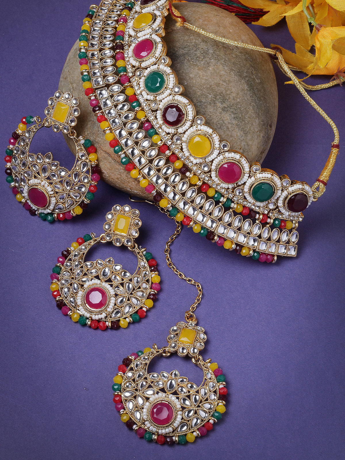 Sukkhi Fashion-Forward Gold Plated Multi Kundan & Beads Choker Necklace Set With Earring And Maangtika | Jewellery Set For Women (NS105629)