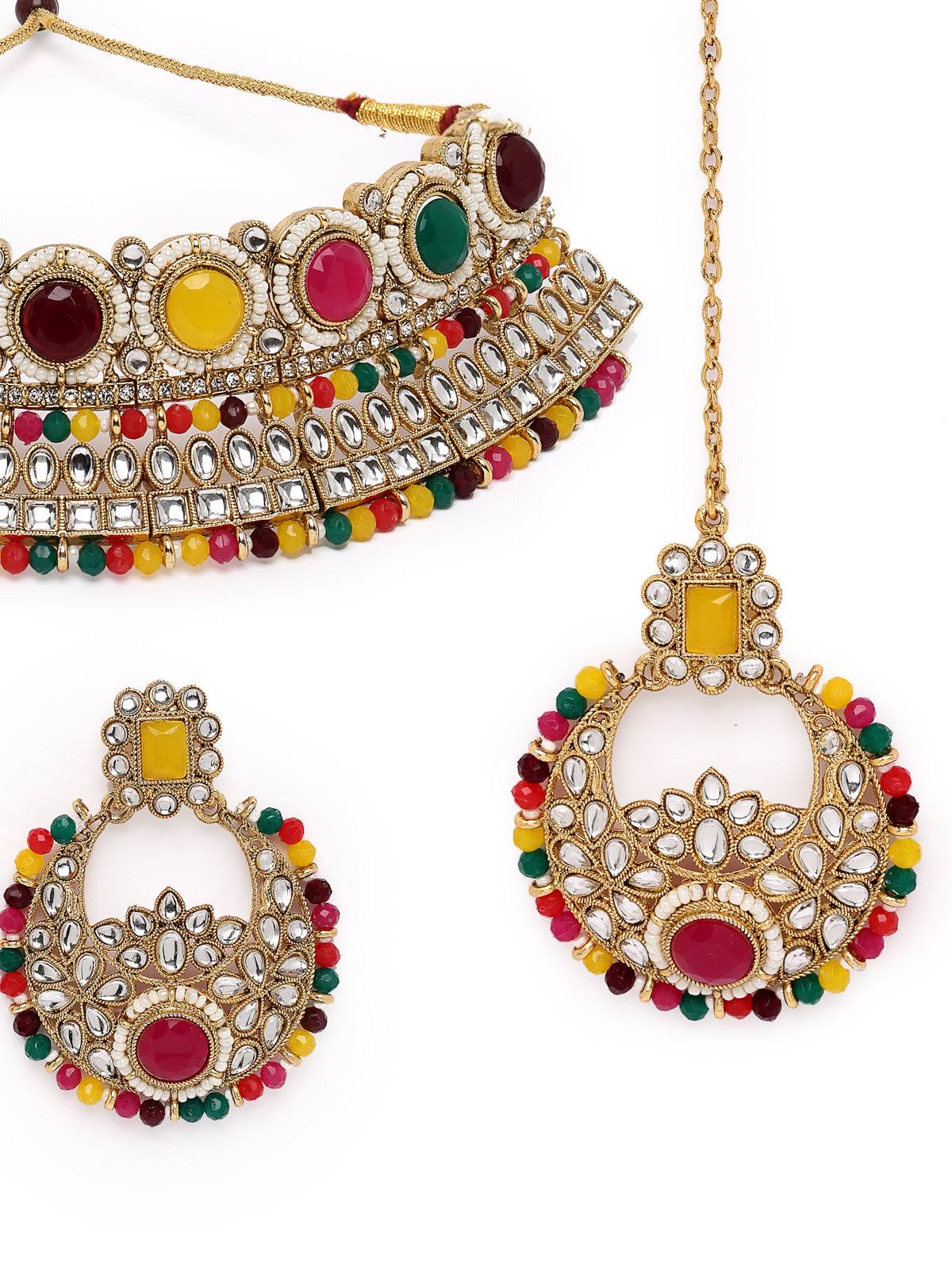 Sukkhi Fashion-Forward Gold Plated Multi Kundan & Beads Choker Necklace Set With Earring And Maangtika | Jewellery Set For Women (NS105629)