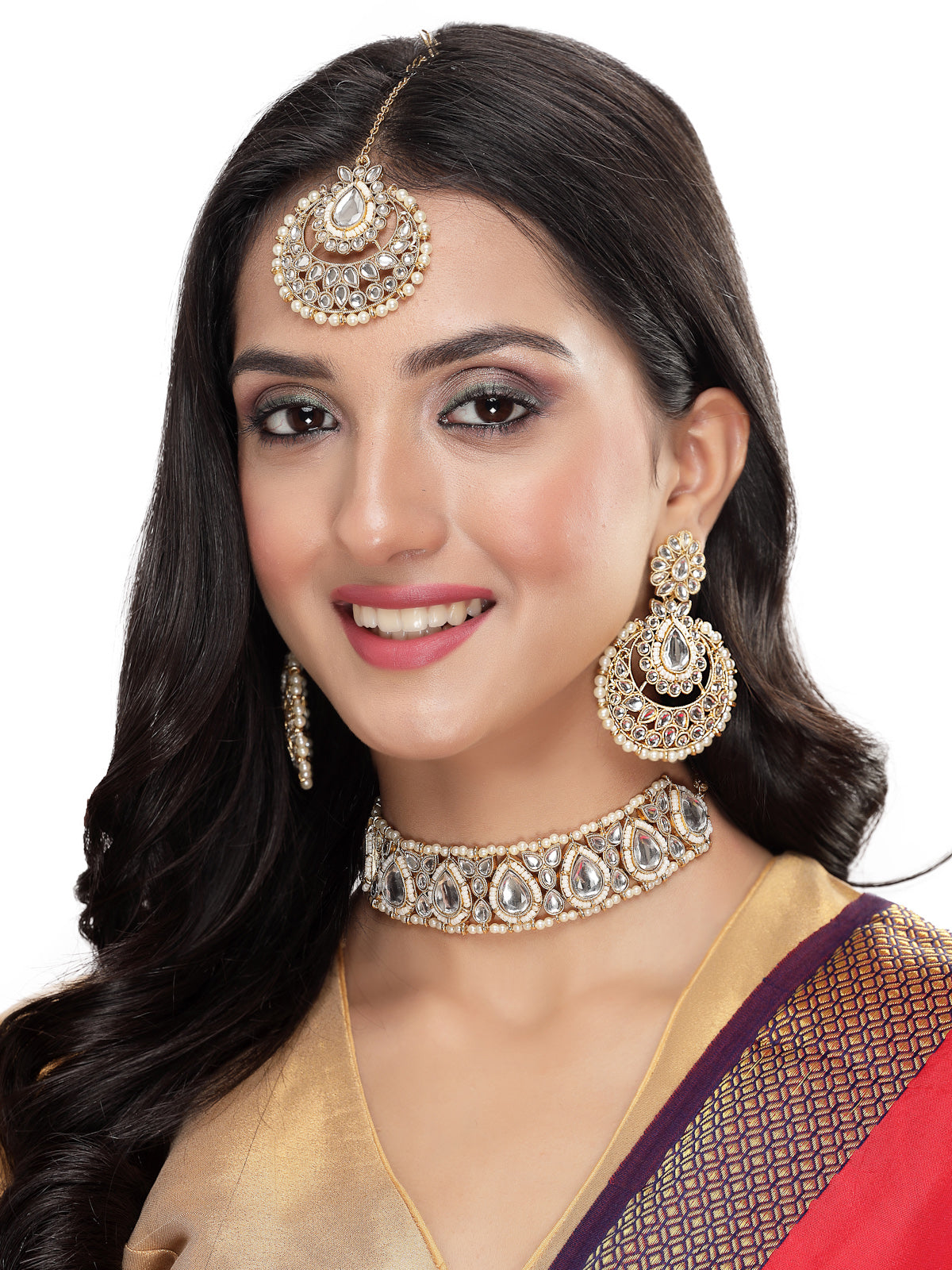 Sukkhi Incredible Drop Shaped White Kundan & Beads Choker Necklace Set With Earring And Maangtika | Jewellery Set For Women (NS105630)