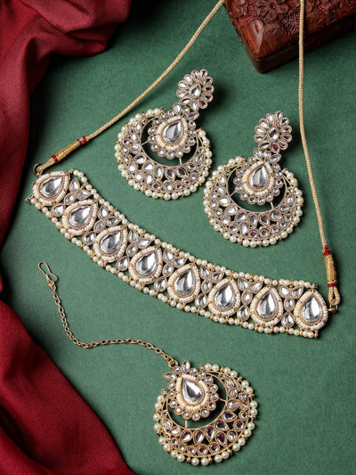Sukkhi Incredible Drop Shaped White Kundan & Beads Choker Necklace Set With Earring And Maangtika | Jewellery Set For Women (NS105630)