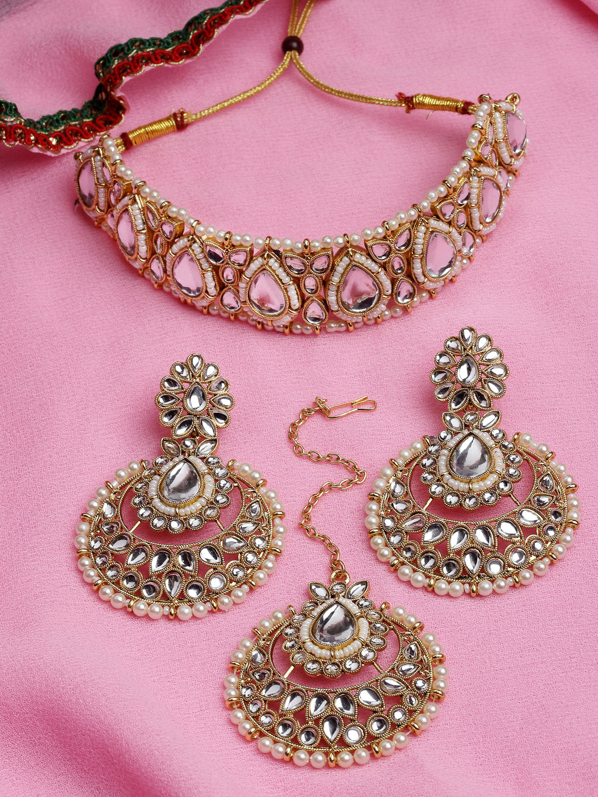Sukkhi Incredible Drop Shaped White Kundan & Beads Choker Necklace Set With Earring And Maangtika | Jewellery Set For Women (NS105630)