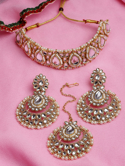 Sukkhi Incredible Drop Shaped White Kundan & Beads Choker Necklace Set With Earring And Maangtika | Jewellery Set For Women (NS105630)