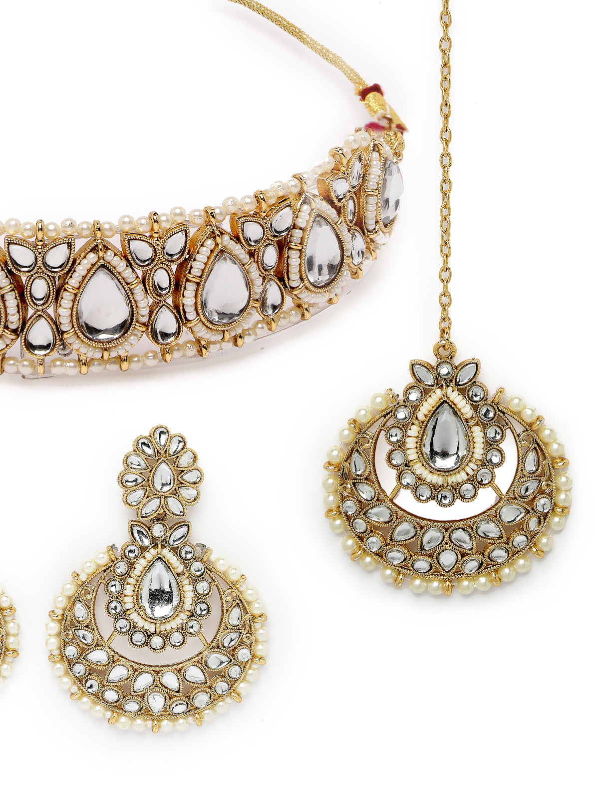 Sukkhi Incredible Drop Shaped White Kundan & Beads Choker Necklace Set With Earring And Maangtika | Jewellery Set For Women (NS105630)