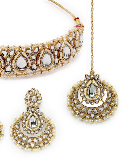 Sukkhi Incredible Drop Shaped White Kundan & Beads Choker Necklace Set With Earring And Maangtika | Jewellery Set For Women (NS105630)