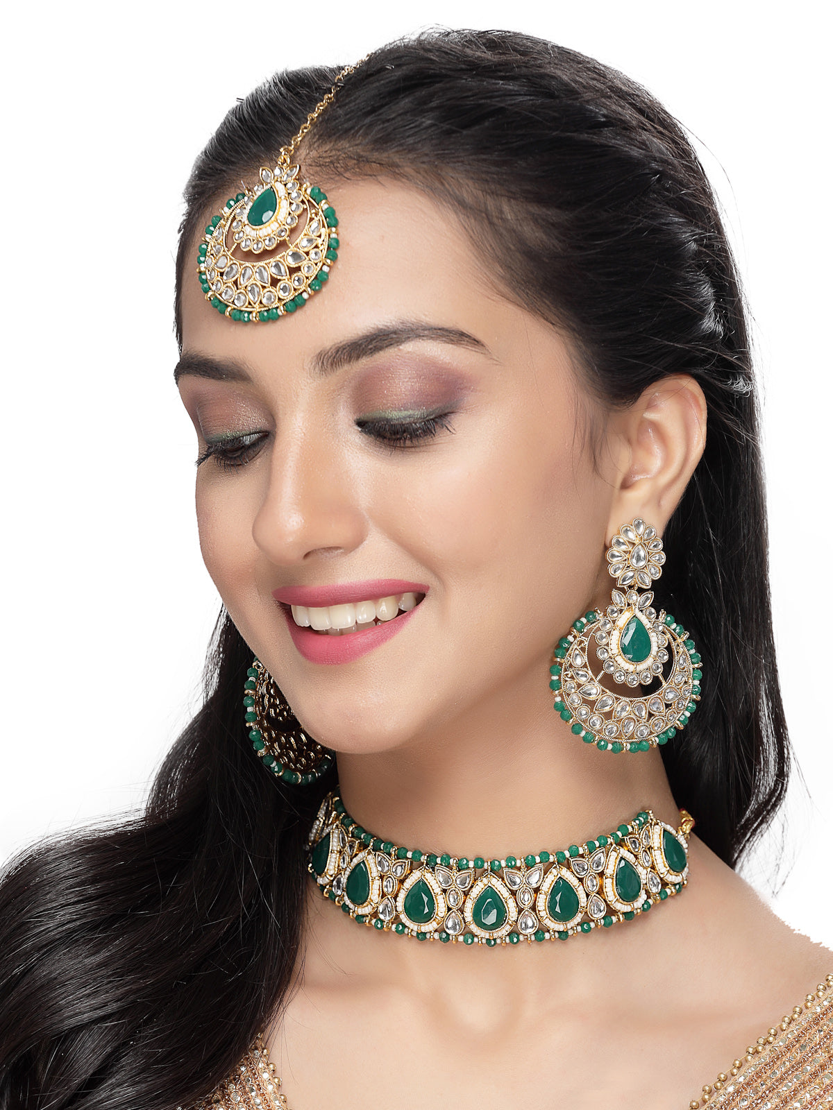 Sukkhi Incredible Drop Shaped Green Kundan & Beads Choker Necklace Set With Earring And Maangtika | Jewellery Set For Women (NS105631)