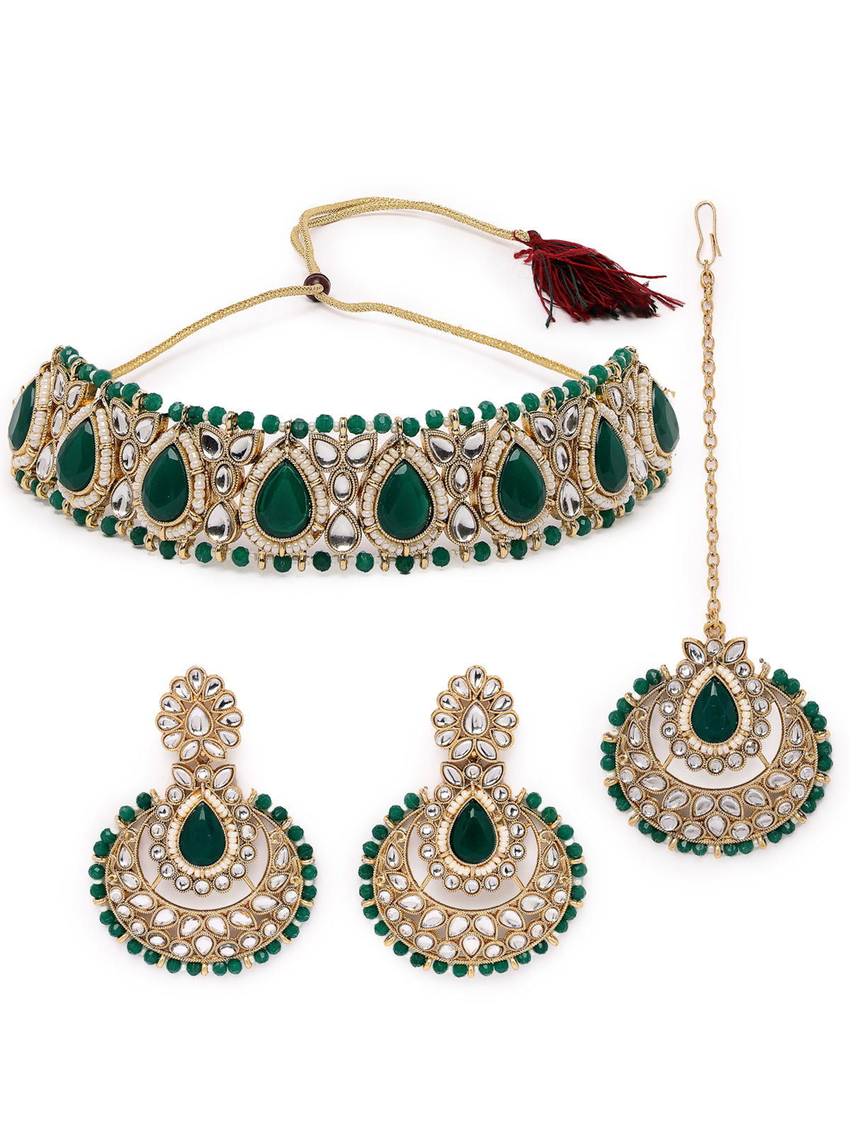 Sukkhi Incredible Drop Shaped Green Kundan & Beads Choker Necklace Set With Earring And Maangtika | Jewellery Set For Women (NS105631)