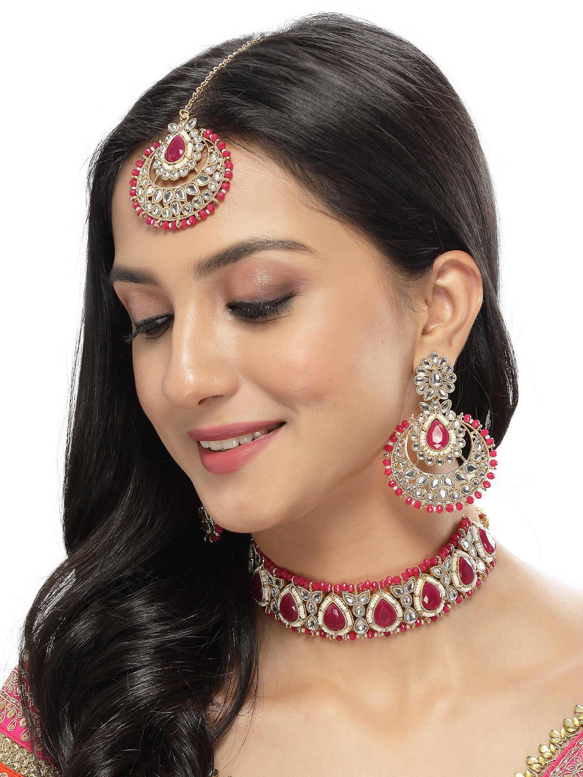 Sukkhi Incredible Drop Shaped Rani Pink Kundan & Beads Choker Necklace Set With Earring And Maangtika | Jewellery Set For Women (NS105633)