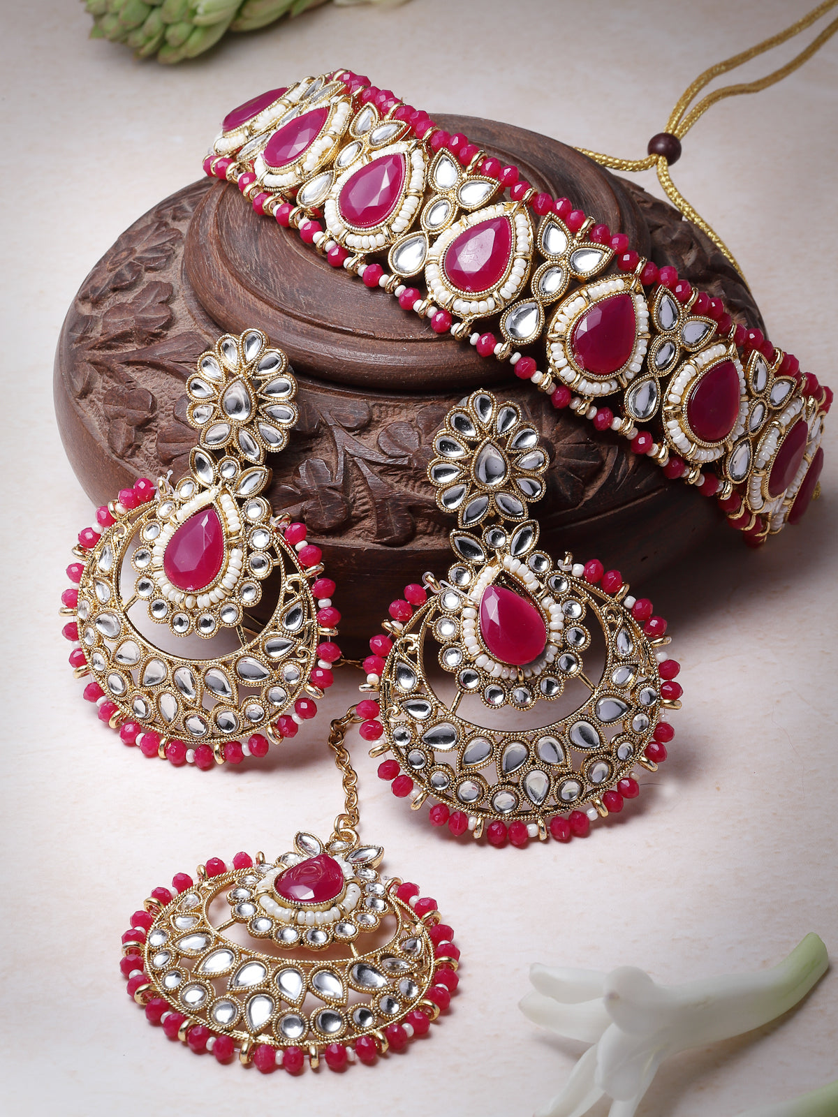 Sukkhi Incredible Drop Shaped Rani Pink Kundan & Beads Choker Necklace Set With Earring And Maangtika | Jewellery Set For Women (NS105633)