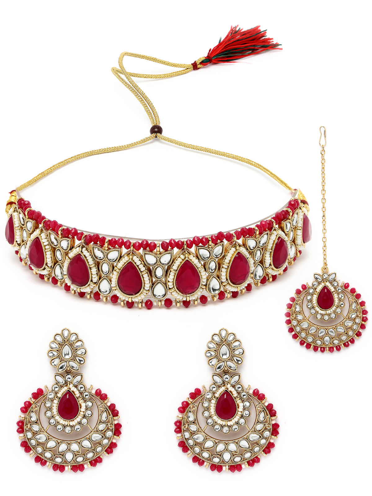 Sukkhi Incredible Drop Shaped Rani Pink Kundan & Beads Choker Necklace Set With Earring And Maangtika | Jewellery Set For Women (NS105633)