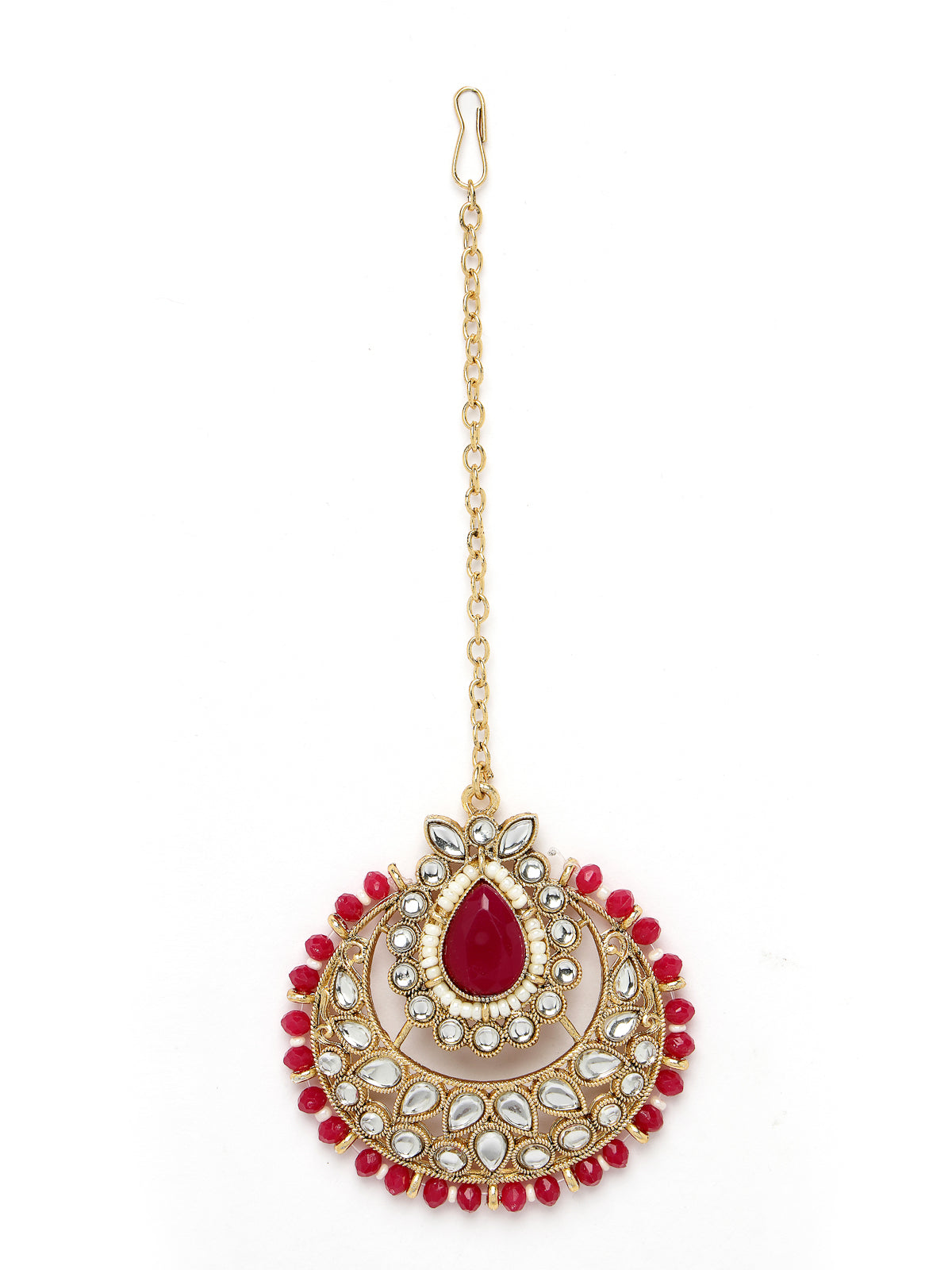 Sukkhi Incredible Drop Shaped Rani Pink Kundan & Beads Choker Necklace Set With Earring And Maangtika | Jewellery Set For Women (NS105633)