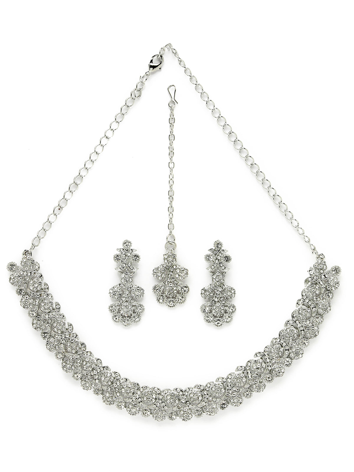 Sukkhi Excellent Rhodium Plated Silver AD White Stone Collar Bone Necklace Set With Earring And Maangtika | Jewellery Set For Women (NS105634)