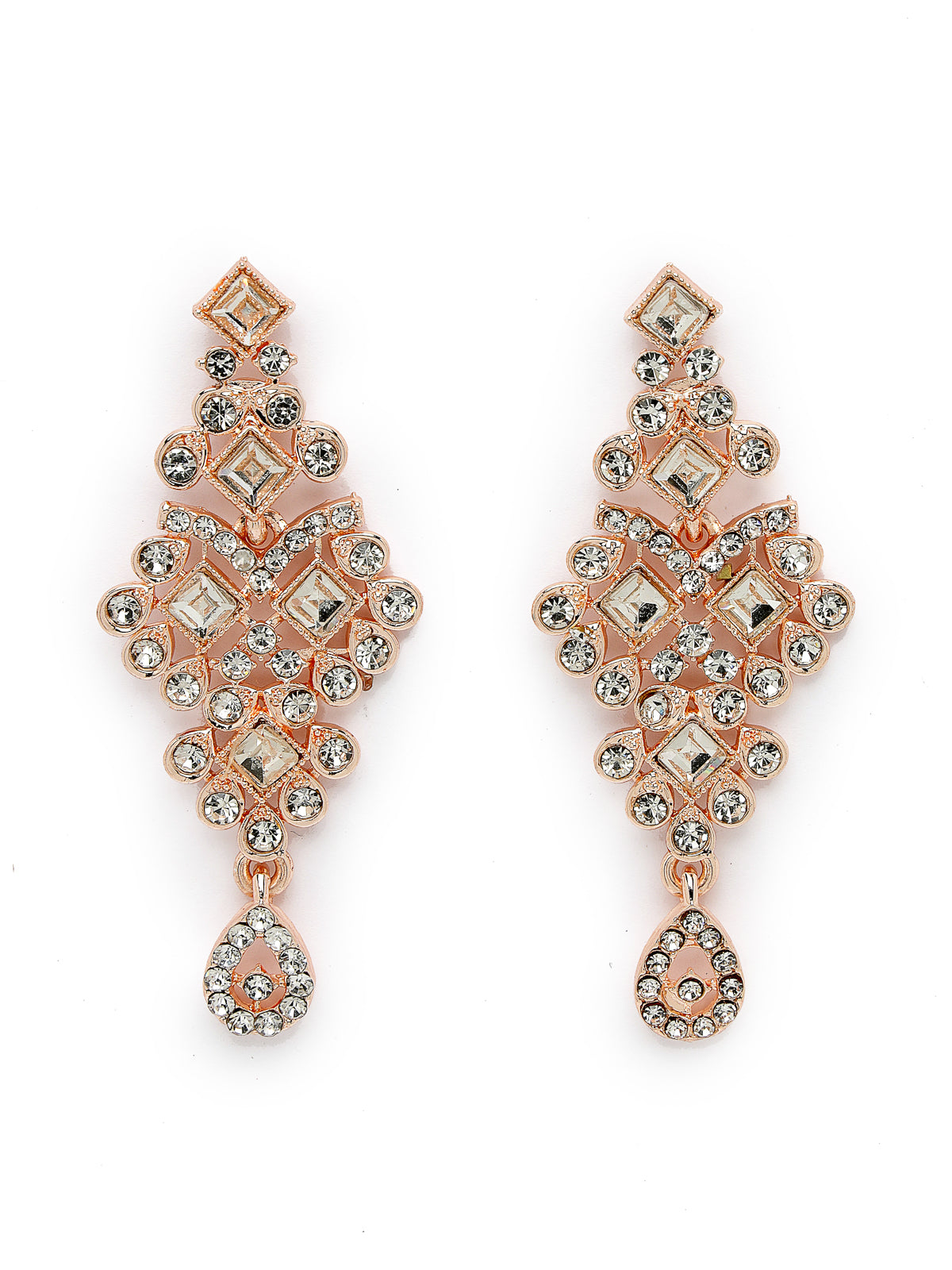 Sukkhi Untamed Rose Gold Plated AD White Stone Collar Bone Necklace Set With Earring And Maangtika | Jewellery Set For Women (NS105635)