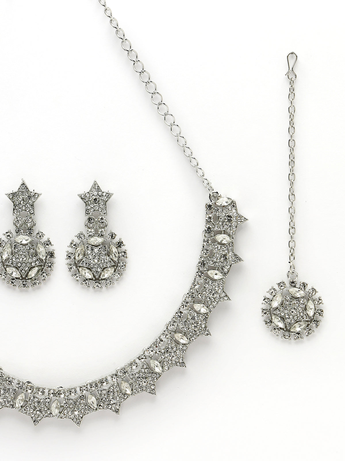 Sukkhi Exquitely Rhodium Plated Silver AD White Stone Collar Bone Necklace Set With Earring And Maangtika | Jewellery Set For Women (NS105637)