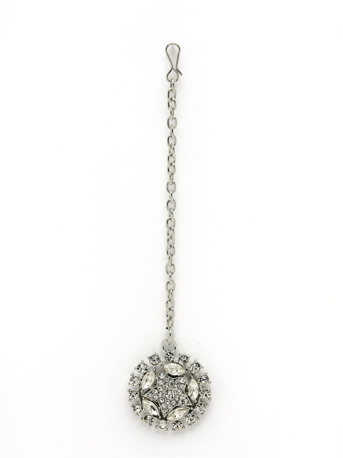 Sukkhi Exquitely Rhodium Plated Silver AD White Stone Collar Bone Necklace Set With Earring And Maangtika | Jewellery Set For Women (NS105637)