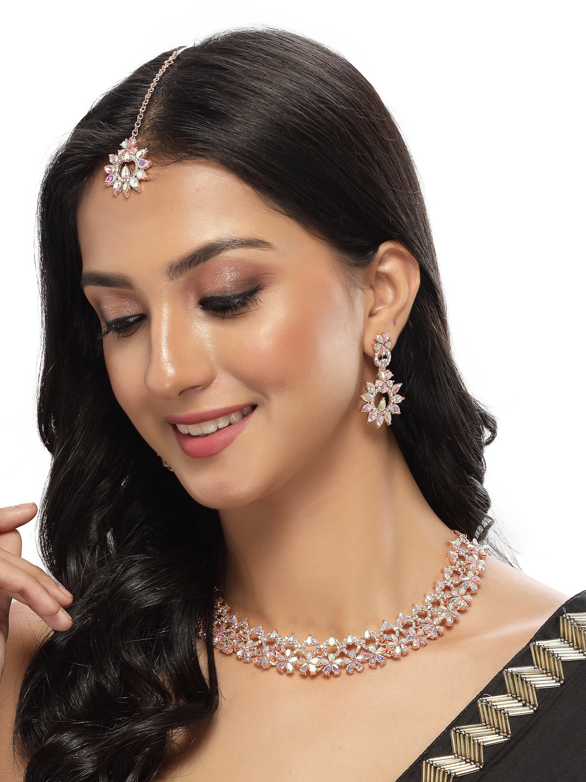 Sukkhi Innovative Rose Gold Plated Rainbow Stone Collar Bone Necklace Set With Earring And Maangtika | Jewellery Set For Women (NS105638)