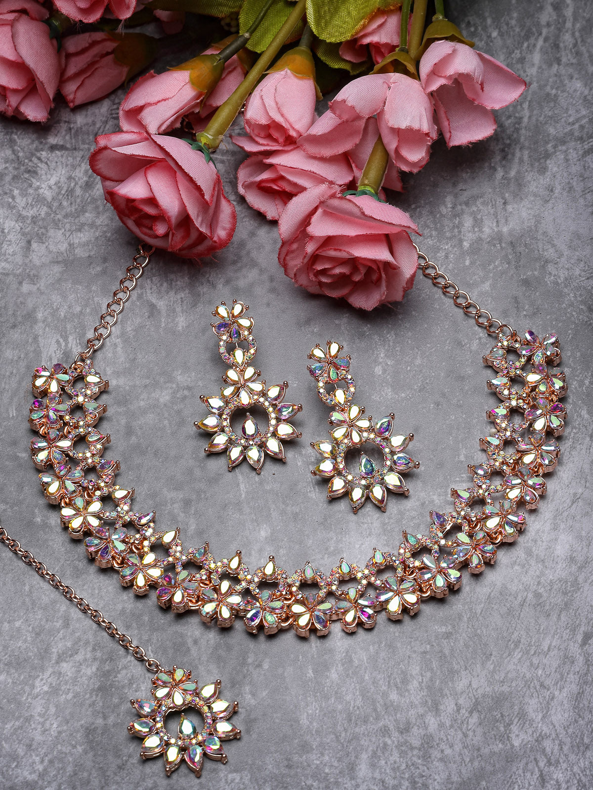Sukkhi Innovative Rose Gold Plated Rainbow Stone Collar Bone Necklace Set With Earring And Maangtika | Jewellery Set For Women (NS105638)