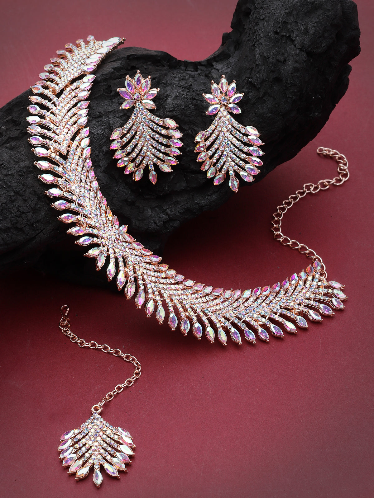 Sukkhi Graceful Rose Gold Plated Rainbow Collar Bone Necklace Set With Earring And Maangtika | Jewellery Set For Women (NS105639)