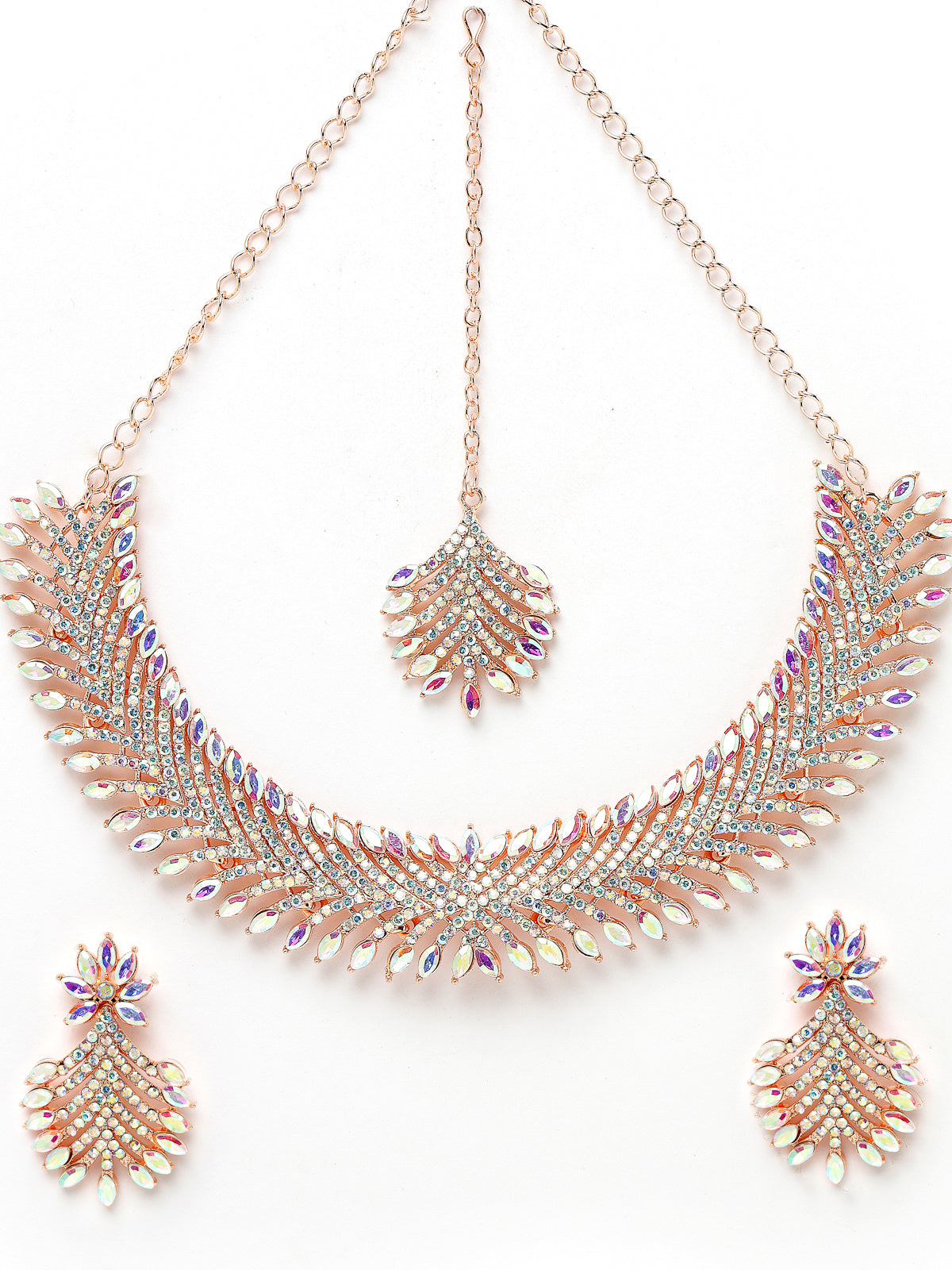 Sukkhi Graceful Rose Gold Plated Rainbow Collar Bone Necklace Set With Earring And Maangtika | Jewellery Set For Women (NS105639)