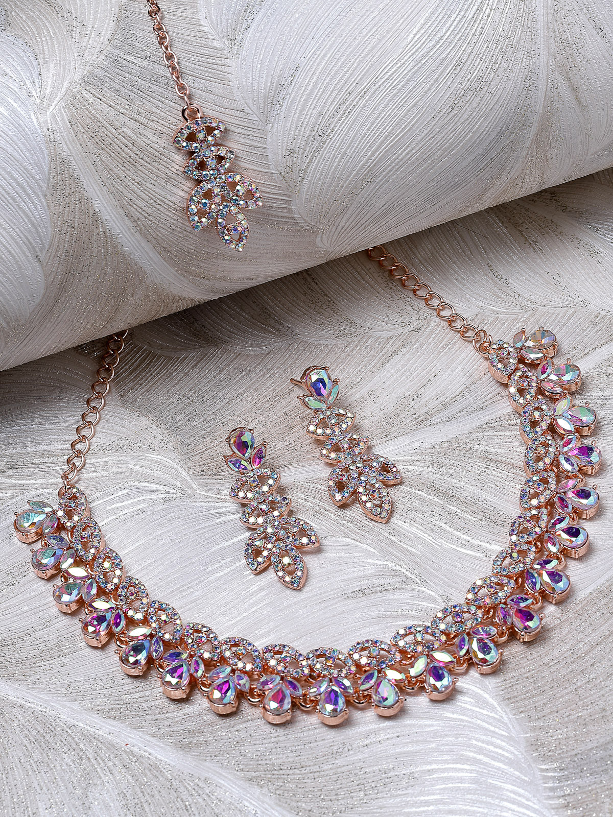 Sukkhi Lovely Rose Gold Plated Rainbow Stone Collar Bone Necklace Set With Earring And Maangtika | Jewellery Set For Women (NS105640)