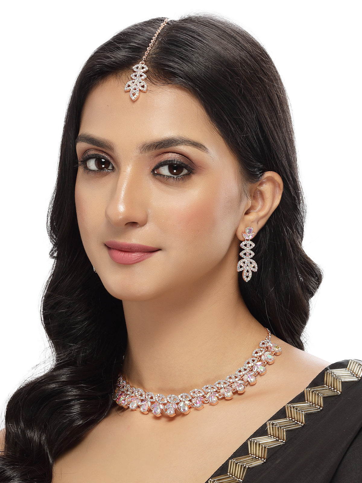 Sukkhi Lovely Rose Gold Plated Rainbow Stone Collar Bone Necklace Set With Earring And Maangtika | Jewellery Set For Women (NS105640)