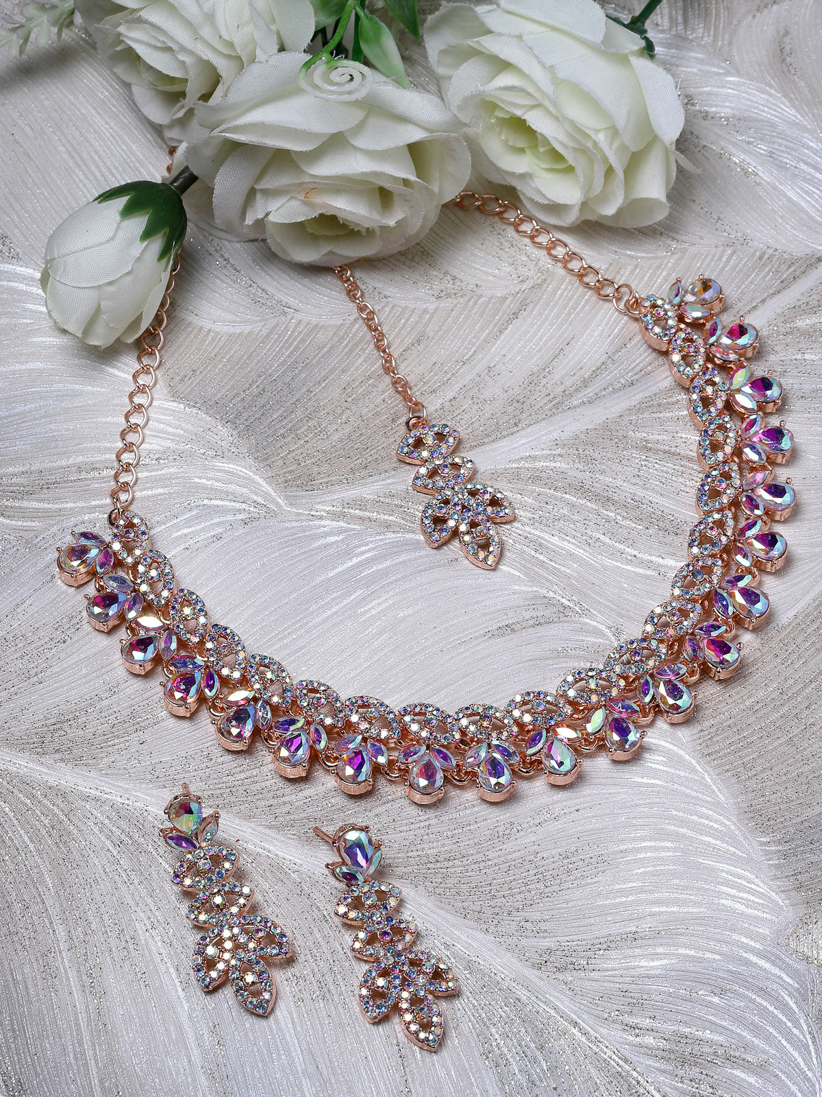 Sukkhi Lovely Rose Gold Plated Rainbow Stone Collar Bone Necklace Set With Earring And Maangtika | Jewellery Set For Women (NS105640)