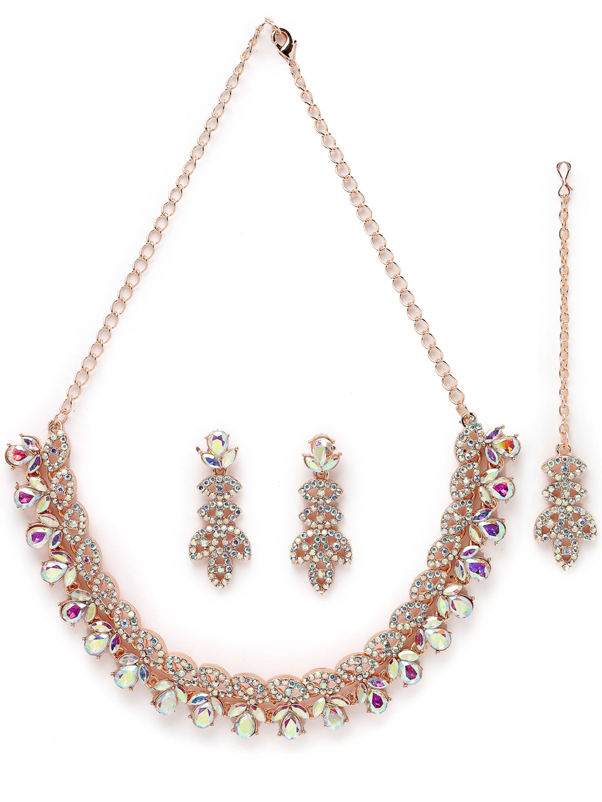 Sukkhi Lovely Rose Gold Plated Rainbow Stone Collar Bone Necklace Set With Earring And Maangtika | Jewellery Set For Women (NS105640)