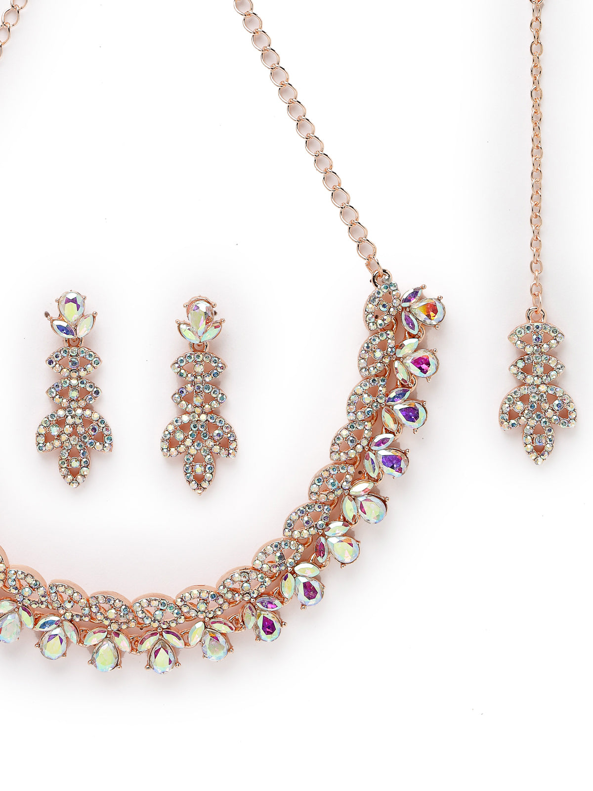 Sukkhi Lovely Rose Gold Plated Rainbow Stone Collar Bone Necklace Set With Earring And Maangtika | Jewellery Set For Women (NS105640)