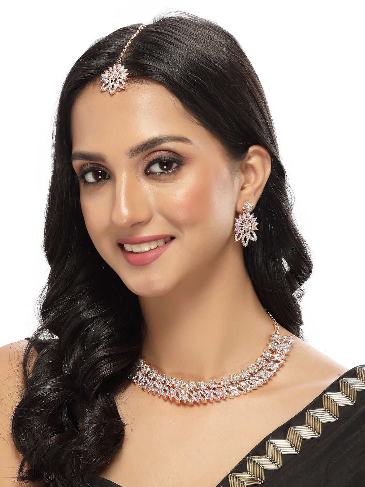 Sukkhi Floral Rose Gold Plated Rainbow Stones Collar Bone Necklace Set With Earring And Maangtika | Jewellery Set For Women (NS105641)