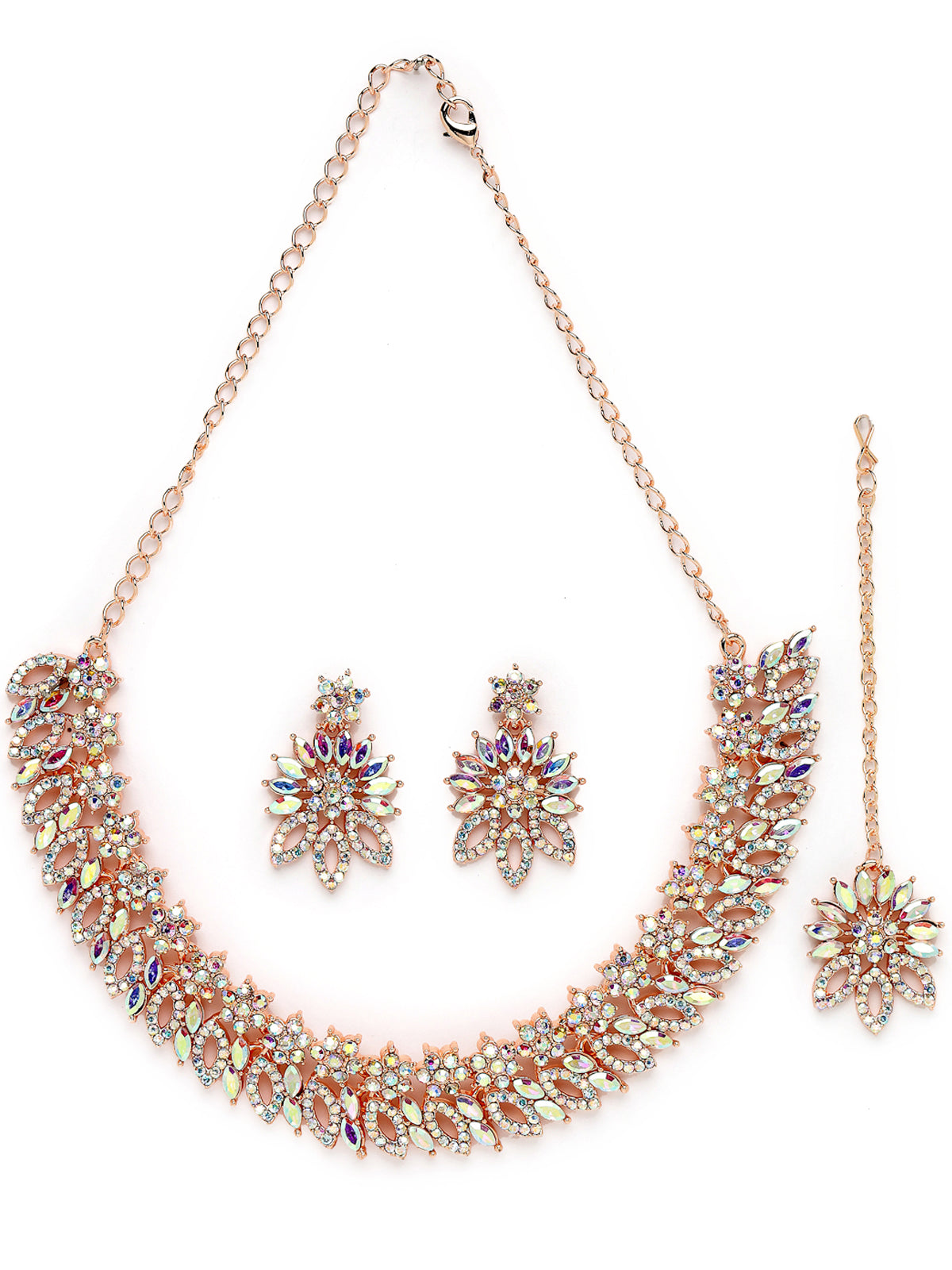 Sukkhi Floral Rose Gold Plated Rainbow Stones Collar Bone Necklace Set With Earring And Maangtika | Jewellery Set For Women (NS105641)