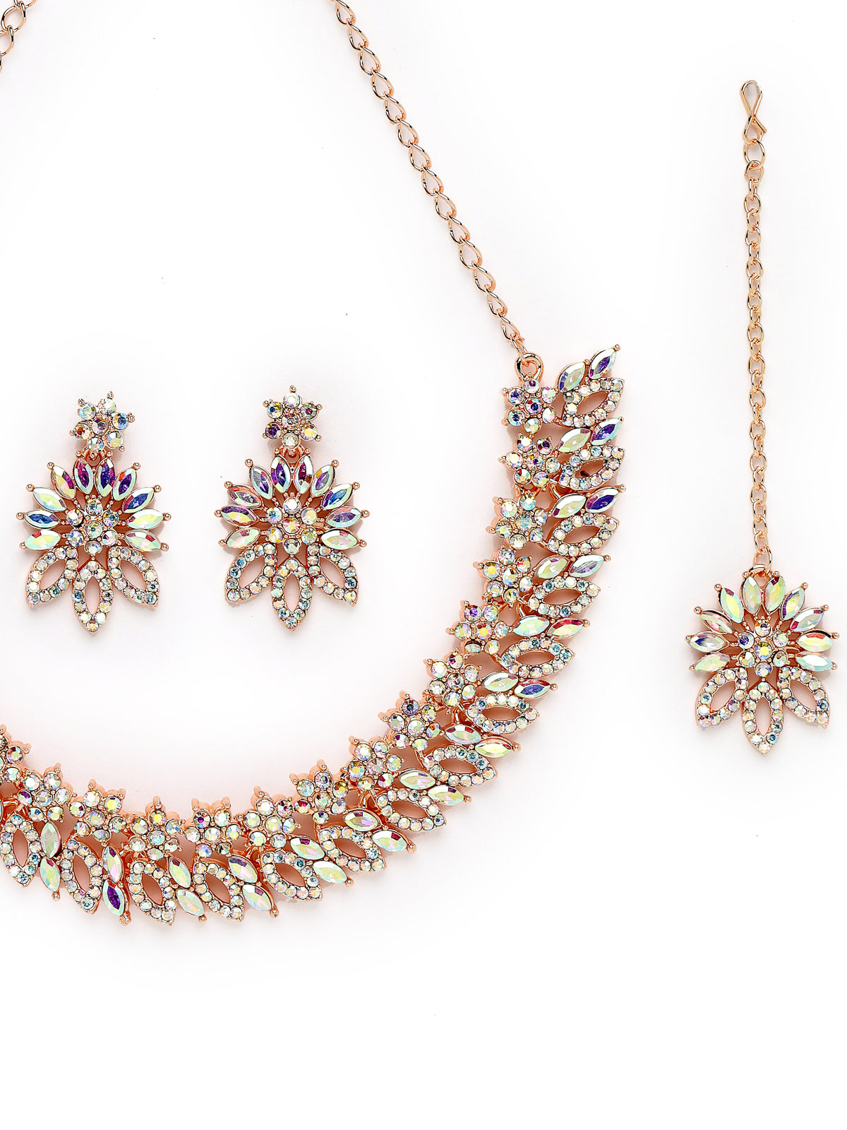 Sukkhi Floral Rose Gold Plated Rainbow Stones Collar Bone Necklace Set With Earring And Maangtika | Jewellery Set For Women (NS105641)