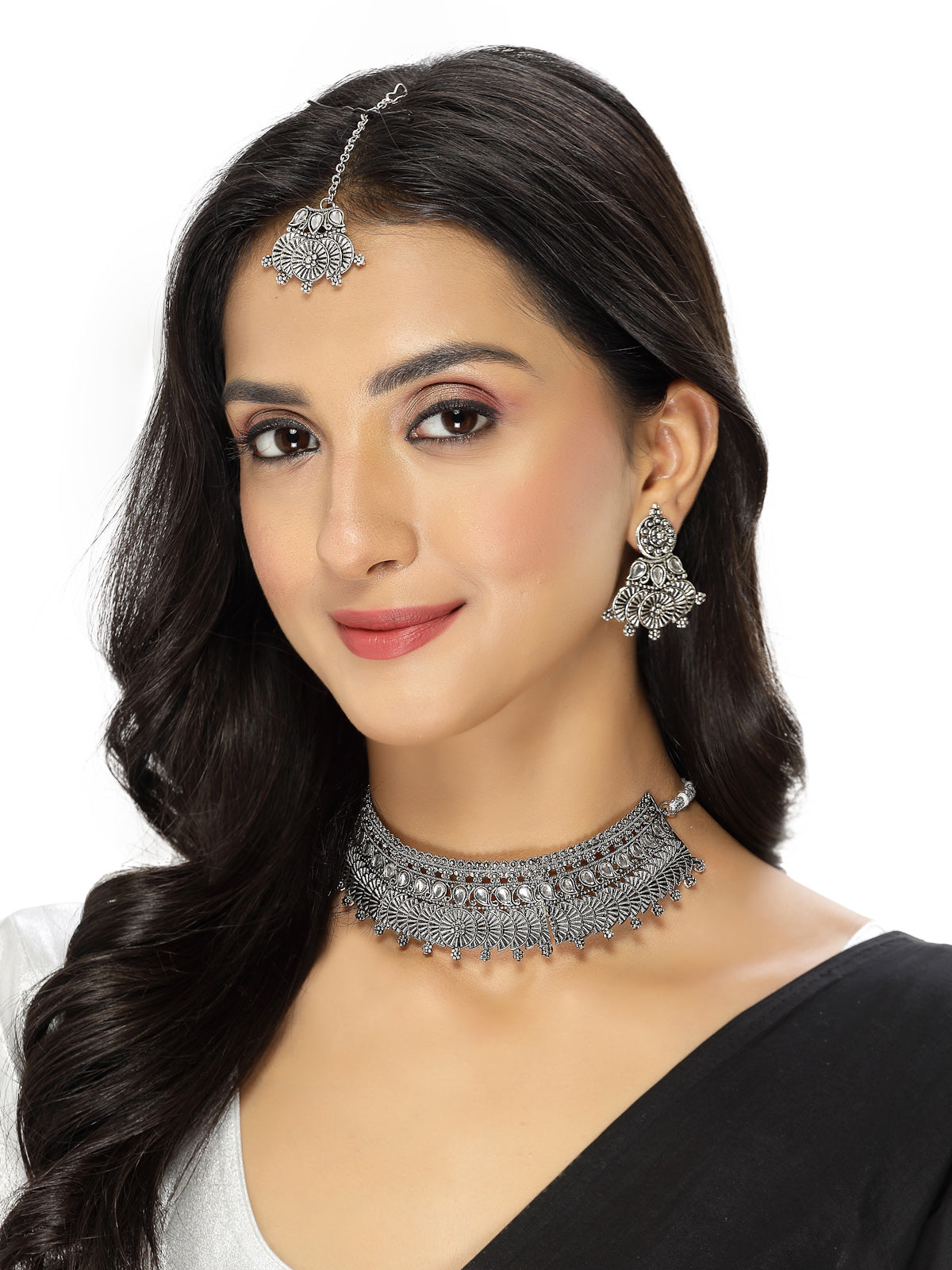 Sukkhi Eye-Catchy Oxidised Silver Plated Choker Necklace Set With Earring | Mangtikka Set For Women (NS105642)