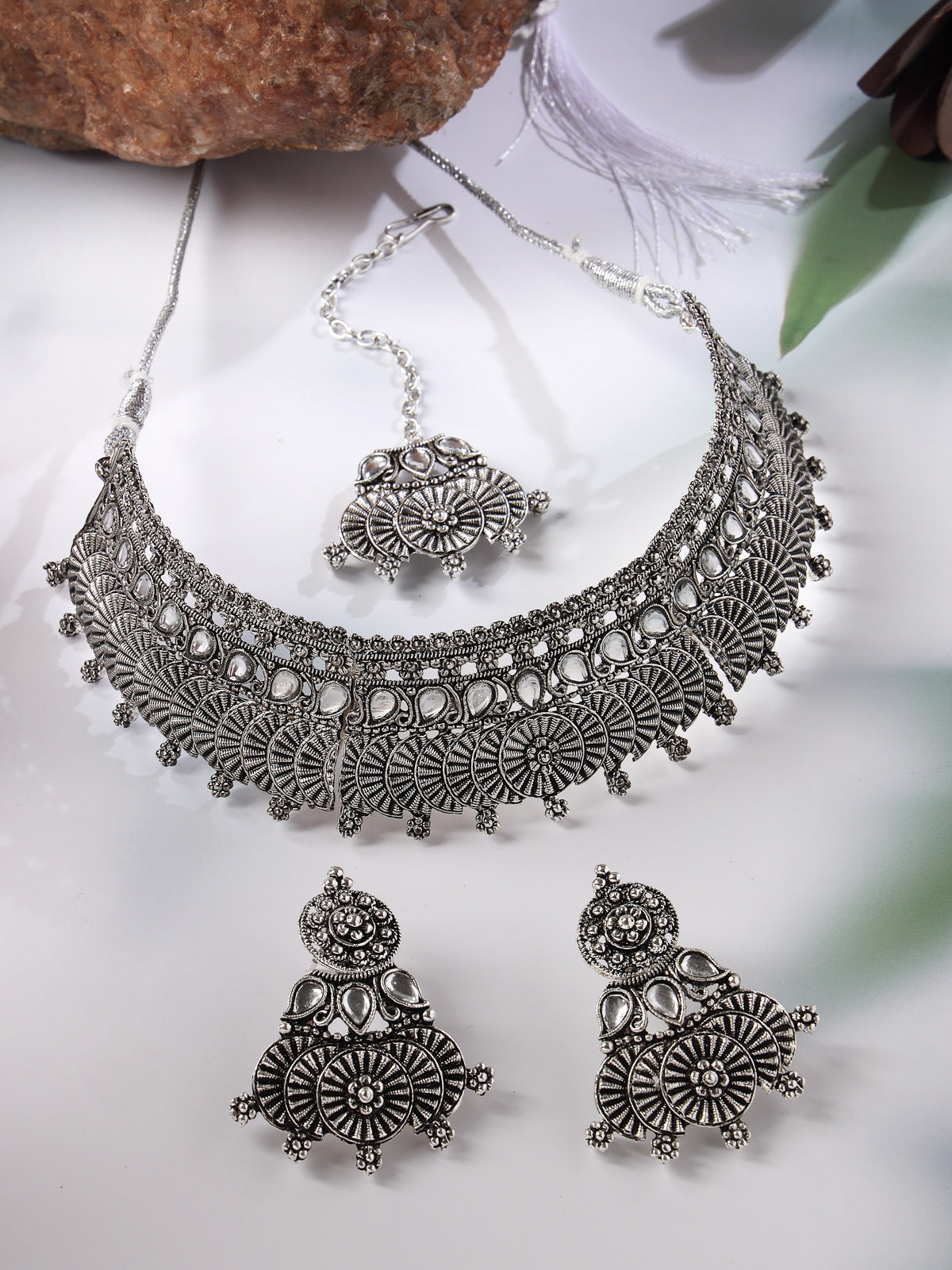 Sukkhi Eye-Catchy Oxidised Silver Plated Choker Necklace Set With Earring | Mangtikka Set For Women (NS105642)