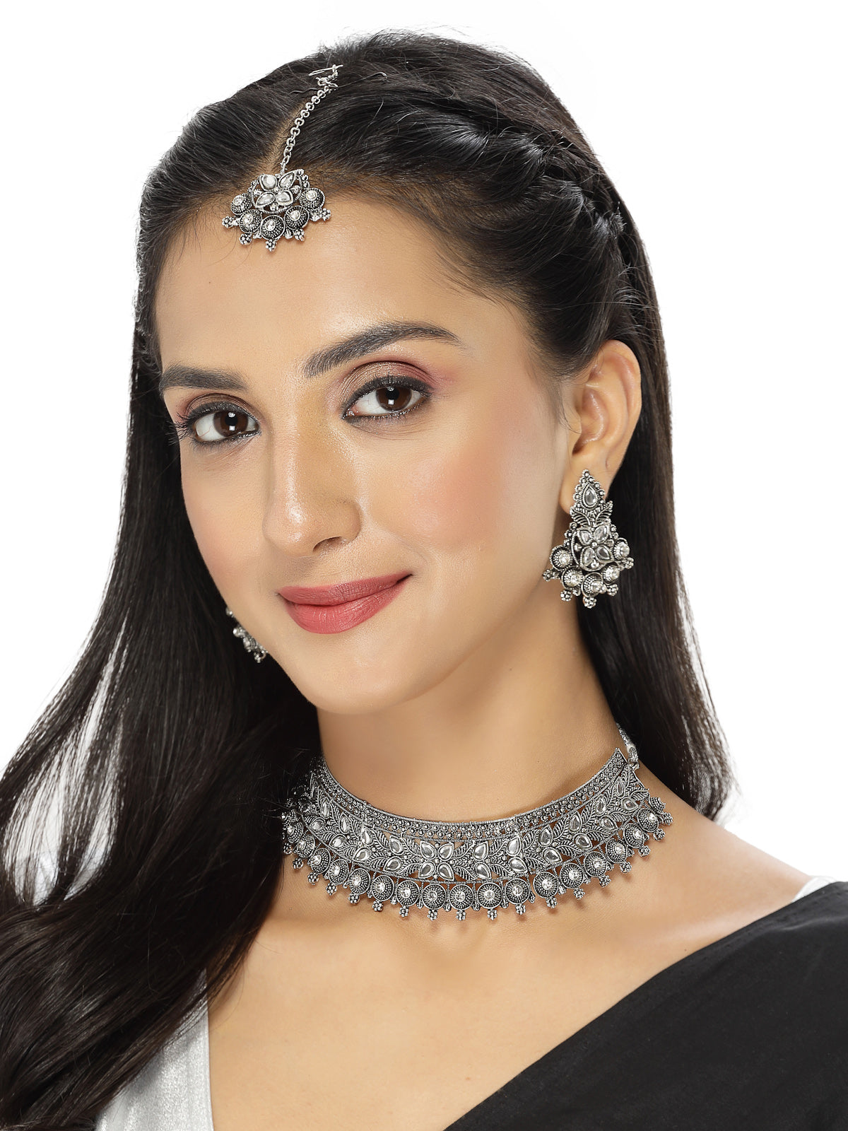 Sukkhi Eye-Catchy Oxidised Silver Plated Choker Necklace Set With Earring | Mangtikka Set For Women (NS105643)