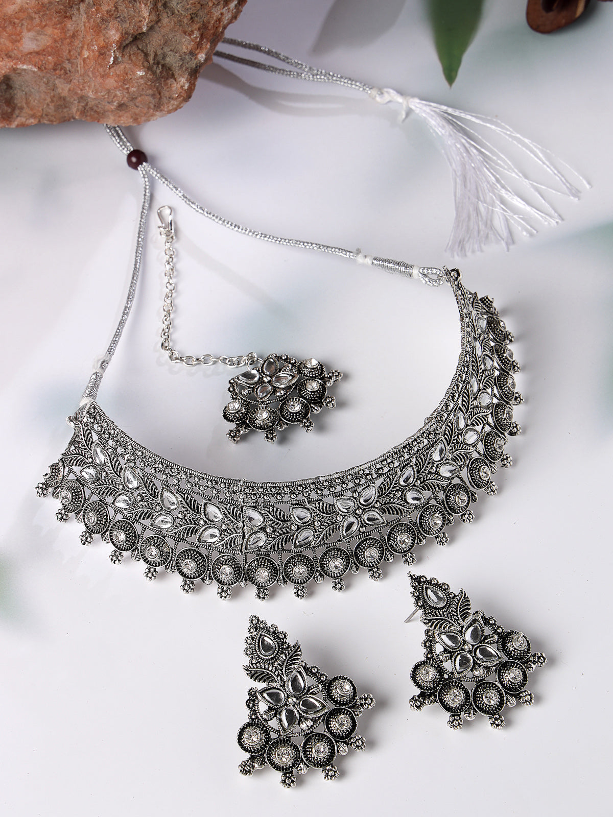 Sukkhi Eye-Catchy Oxidised Silver Plated Choker Necklace Set With Earring | Mangtikka Set For Women (NS105643)